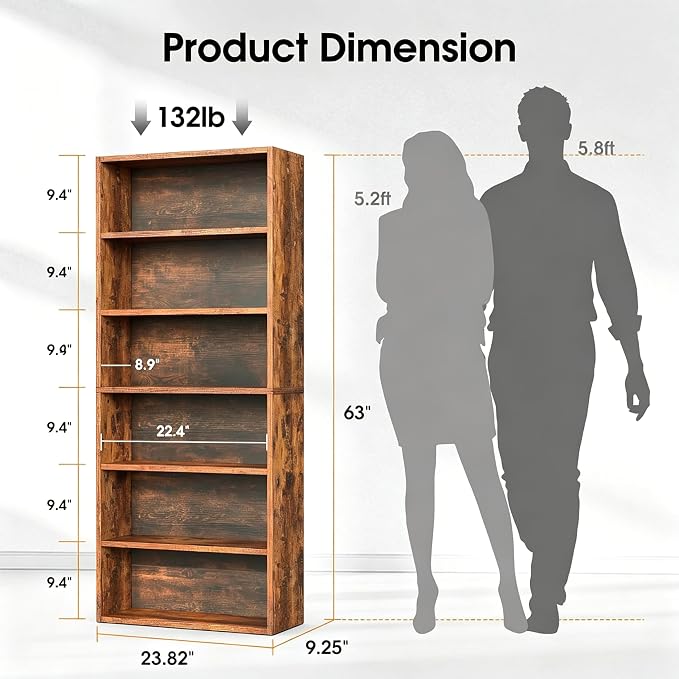 HealSmart 6 Tier Bookcase, Industrial 6 Book Shelf, 9.2" D x 23.8" W x 63" H Tall Open Cube Storage Organizer for Home Office, Living Room, Bedroom and Dinning Room, Brown