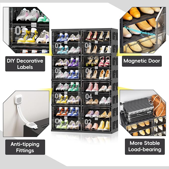 JEKO&JEKO 8 Tiers Foldable Shoe Rack Organizer Cabinet for Closet Entryway, Large Collapsible Shoe Storage Box with Magnetic Doors (Black)