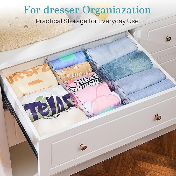 Vtopmart 4 Pack Drawer Dividers for Clothes, 4" High 13"-22" Adjustable Expandable Dresser Drawer Organizer, Clear Plastic Separators for Dresser, Baby Clothing, Underwear, Cosmetic, Toiletries