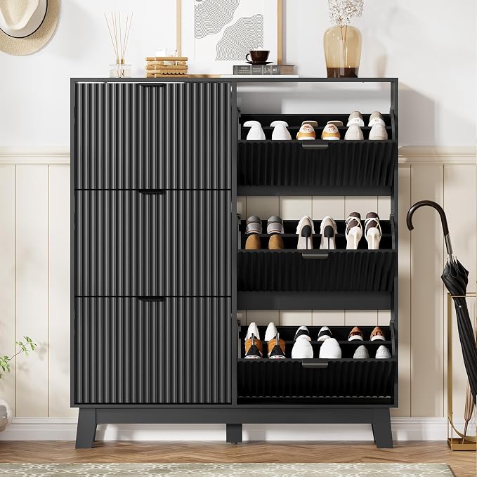 HUANLEGO Shoe Cabinet Storage for Entryway with 6 Flip Drawers, Fluted Narrow Shoe Organizer with Wooden Legs, Freestanding Slim Shoe Storage Hidden Shoe Rack Organizer for Front Door Entrance, Black