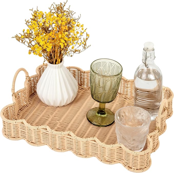 GRANNY SAYS Scalloped Edge Rectangle Wicker Serving Tray, Coffee Table Tray, Serving Trays with Handles, Decorative Tray for Entryway, Coffee Table, Woven Tray for Serving, 15 ¾"×11 ½"×2 ¼"
