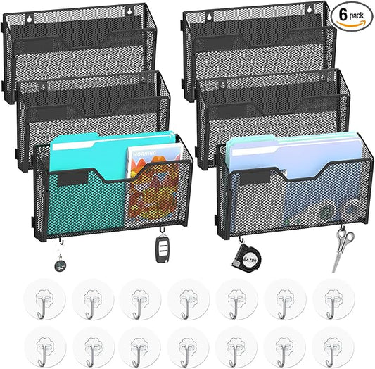 SUPEASY 6-Pack Magnetic File Holder with Hooks and Label Panels, Black | Magnetic File Folder Holder for Whiteboards, Lockers and Cabinets with 6 Letter-Size Pockets, Label Panels and 8 Hooks