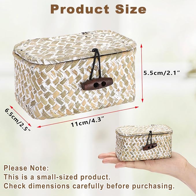 Hipiwe Wicker Shelf Basket Box with Lid Decorative Basket Handwoven Seagrass Storage Organizer Basket Decorative Basket, Whitewas 4.3" x 2.5" x 2.1"