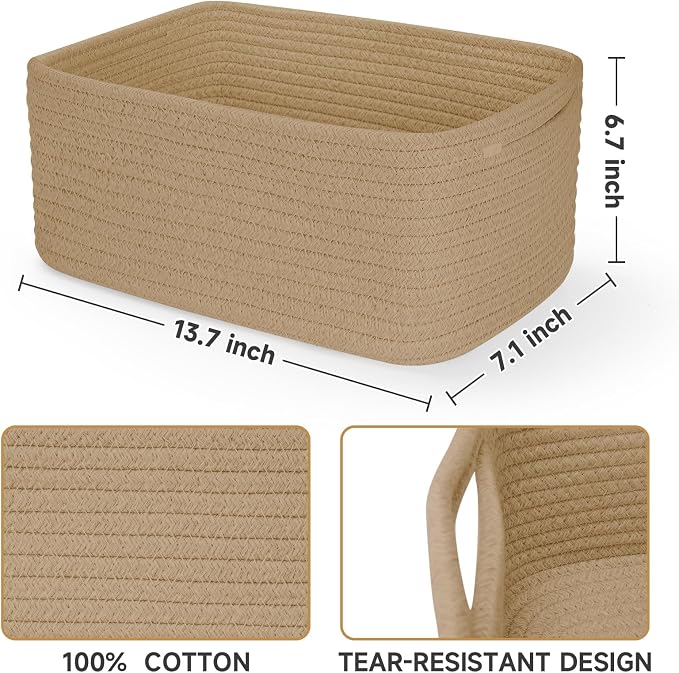 3-Pack Storage Baskets for Organizing | Woven Shelf Toy Basket | Rope Baskets for Gifts Empty | Closet Organizer Bins with Handles | Cube Decorative Box | 13.7×7.1×6.7” | Brown