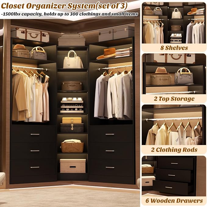 Besiost Closet System with 6 Drawers & 10 Shelves, Corner Closet Organizer System, Reversible Walk-in Closets, (L-Shaped 31.5" L * 31.5" W / I-Shaped 62.9" L * 15" W), Load 1500+LBS, Black