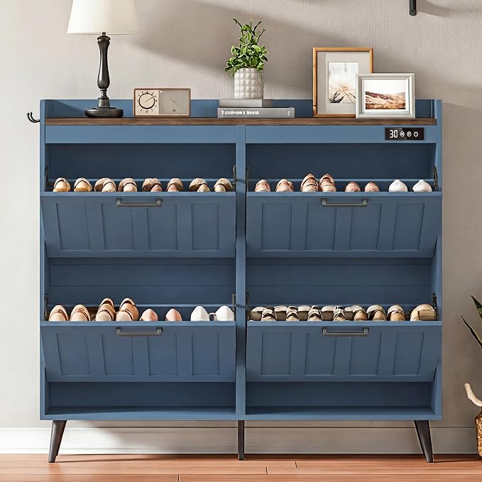 ChooChoo Shoe Storage Cabinet with 4 Flip Drawers and Deodorizer | Shoe Organizer Storage for Entryway, Freestanding Hidden Slim Narrow Shoe Rack Cabinet, Blue