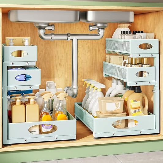 Kitstorack Under Sink Organizer 3-Tier Slide Out Drawer 2-Pack LightBlue | Height Adjustable, Metal Mesh Storage Rack, Pull out Cabinet Organizer Shelf for Bathroom Kitchen Pantry Home Organization
