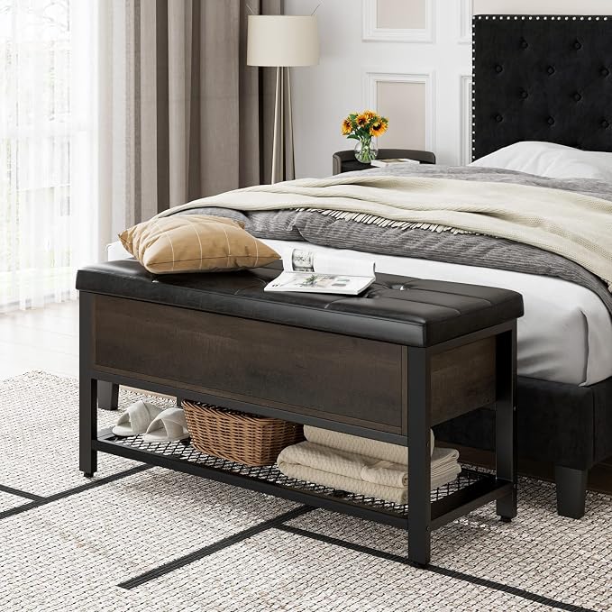 HOSTACK 40" W Storage Bench, Entryway Shoe Bench with Cushion, Dark Brown | Wood Metal Bench with Flip-Open Hidden Storage, Ottoman Bench with Padded Seat & Shoe Rack for Hallway, Bedroom, Living Room