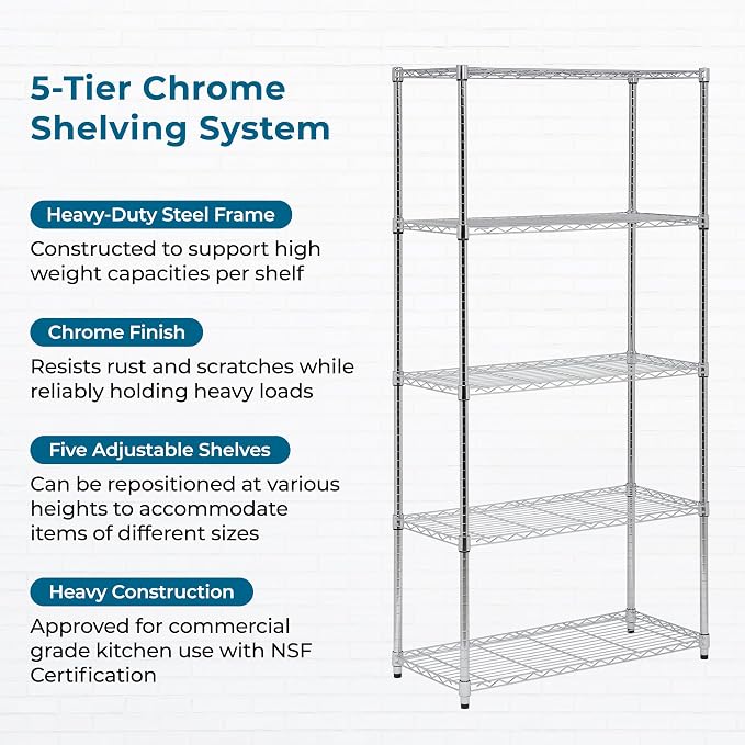 Honey-Can-Do 5-Tier Rolling Chrome Wire Shelf, NSF, 350 lb/Shelf, 36x18x72 | 1,750 lb total on locking casters; NSF-certified for commercial kitchens; add liners to keep small items from tipping
