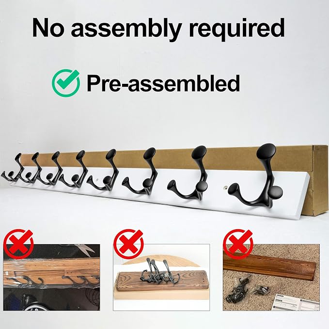 WEBI Coat Rack Wall Mount,24" Solid Wood Coat Hooks Wall Mounted Coat Hanger,16" Hole to Hole,Heavy Duty Hook Rack Rail,4 Triple Hooks for Hanging Coats,Jacket,Clothes,Hat,Backpack,White,2 Packs