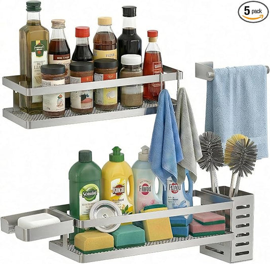 PUSDON 5-in-1 Shower Caddy & Kitchen Organizer Set, Wall Mount Wide Spice Rack with Paper Towel Holder, Utensil Holder, Soap Dish, Rustproof Mesh Baskets Hold 50LBS - Silver Gray, Guardrail