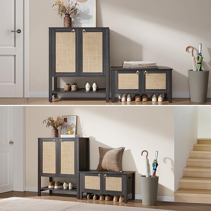 SICOTAS Shoe Storage Cabinet for Entryway, 5 Tier, 2 Pieces | Rattan Entry Shoe Organizer Cabinet with Shelves & Doors, Farmhouse Tall Shoe Rack for Hallway, Living Room, Closet Obsidian