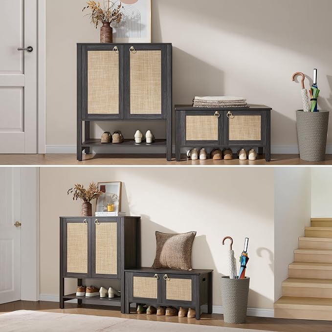SICOTAS Rattan Shoe Storage Cabinet 5 Tier Shoe Organizer | with Doors and Shelves 24 Pair Capacity Tall Farmhouse Boho Shoe Rack for Entryway Hallway Living Room Closet, Obsidian