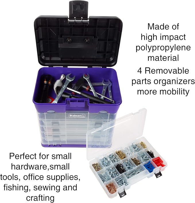 Storage and Tool Box-Durable Organizer Utility Box-4 Drawers with 19 Compartments Each for Hardware, Fish Tackle, Beads, and More by Stalwart (Purple) | With Drawers and Customizable Compartments for Hardware, Fishing Tackle Box, Beads, or Craft Supplies