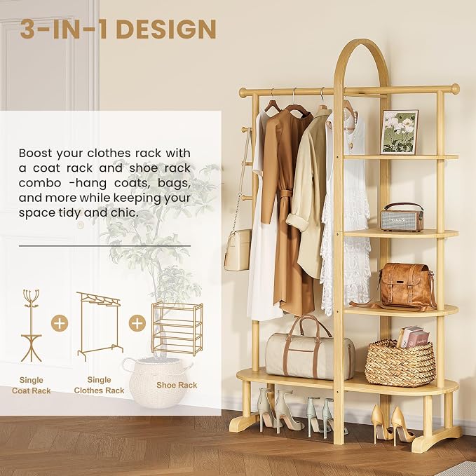 41.3" Wide 3-in-1 Freestanding Clothing Rack, Wooden Coat Rack with 4 Shelves and 5 Hooks,Solid Rubber Wood Coat Rack with Shelves for Entryway, Bedroom, Living Room,Natural