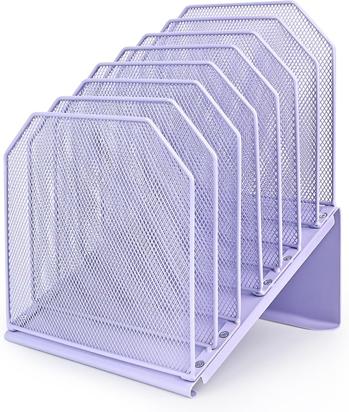 SUMMORO Inclined File Organizer for Desk, 7-Tier Vertical File Folder Holder Office Desk Organizer Metal Rack File Wire Mesh Desktop Document Sorter for Office School Classroom Home (Purple)