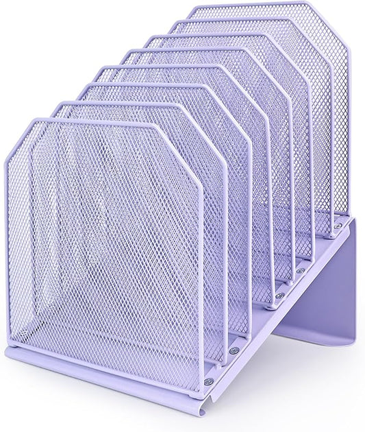 SUMMORO Inclined File Organizer for Desk, 7-Tier Vertical File Folder Holder Office Desk Organizer Metal Rack File Wire Mesh Desktop Document Sorter for Office School Classroom Home (Purple)