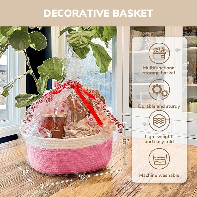 CHICVITA Gift Basket Empty with Bags & Ribbon for Baby Shower, Pink | 12"x 8"x 5" Woven Gift Basket Empty to Fill for Girl Birthday, Rope Baskets for Organizing, Decorative Basket
