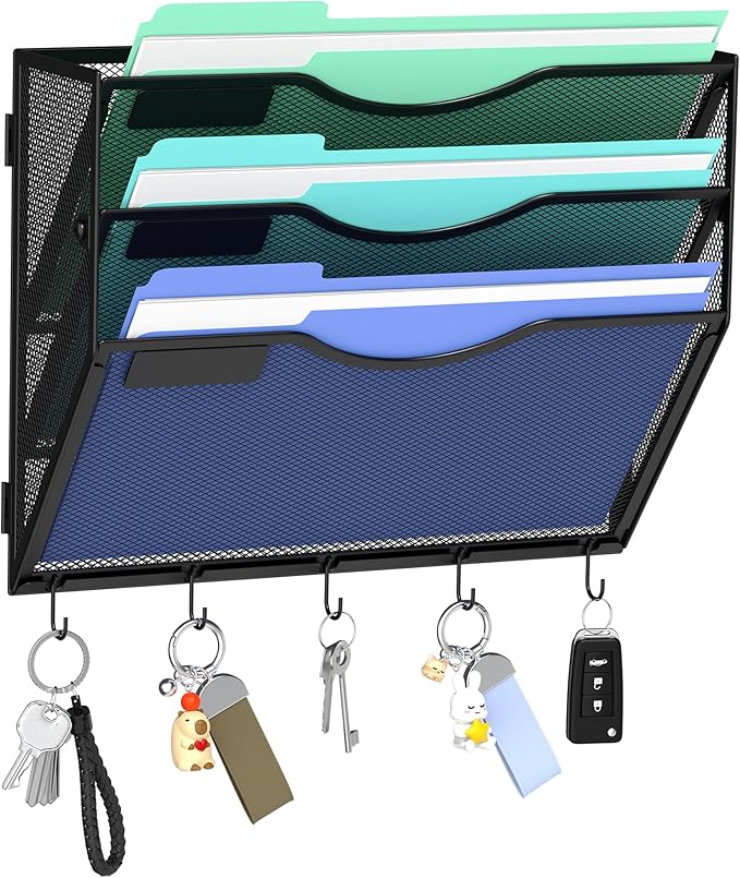 Gawerk Hanging Wall File Organizer, 3 Tier | 5 Hooks, Wall Mounted, Sturdy Mesh, For Office Home