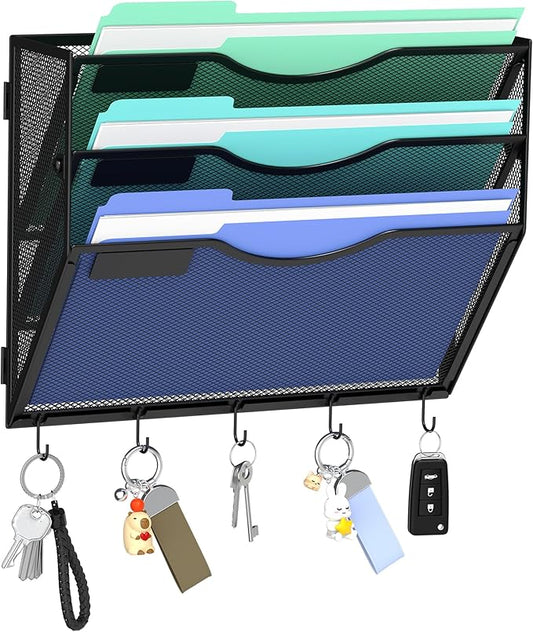 Gawerk Hanging Wall File Organizer, 3 Tier | 5 Hooks, Wall Mounted, Sturdy Mesh, For Office Home