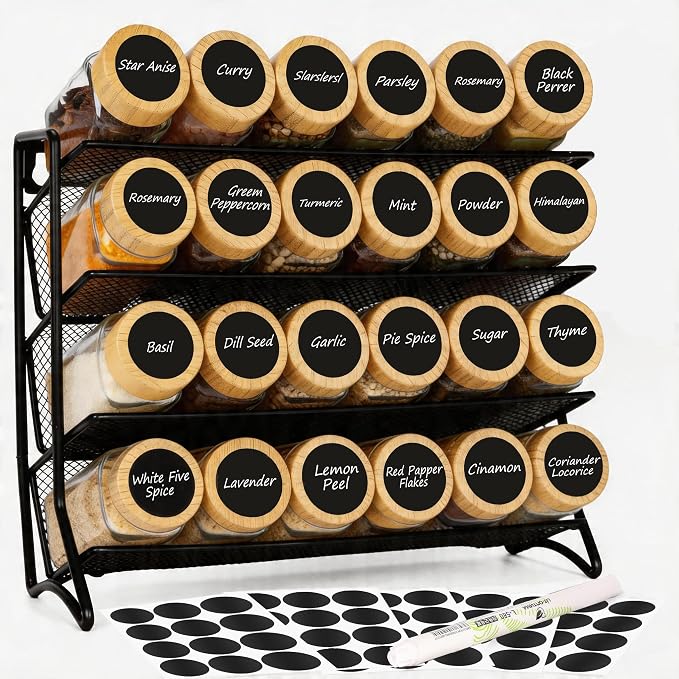 DIDITIME Spice Rack Organizer with 24 Glass Jars and 60 Labels, 4-Tier Seasoning Organizer for Cabinet, Countertop, Pantry or Wall Mount, Rust-Resistant Carbon Steel Spice Jar Set with Marker