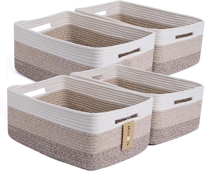 MiniArk Large Storage Baskets for Organizing, 17 x 13 x 7.5” Closet Shelf Baskets for Clothes Blanket Towels, Baby Nursery, Toy Bins Box, Woven Rope Baskets, 4 Packs Gradient Brown