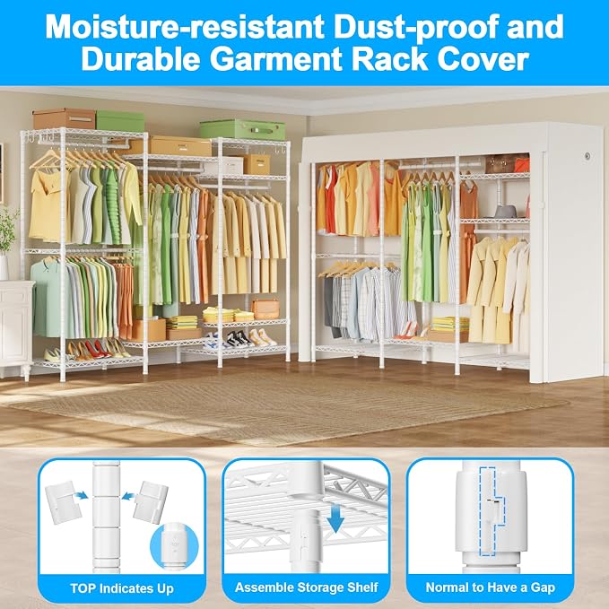 E13C Heavy Duty Closet Organizer System，Freestanding Clothing Racks for Hanging Clothes，Adjustable Garment Rack 63" W x 16" D x 77" H Hold 960 lbs，White Clothing Rack with White Dustproof Cover
