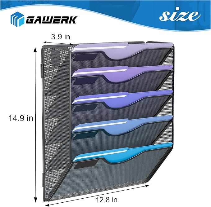 Gawerk 5 Tier Hanging Wall File Organizer, Mesh Mail Paper Orgnization Hanging File Folder Holder for Home Office, Black