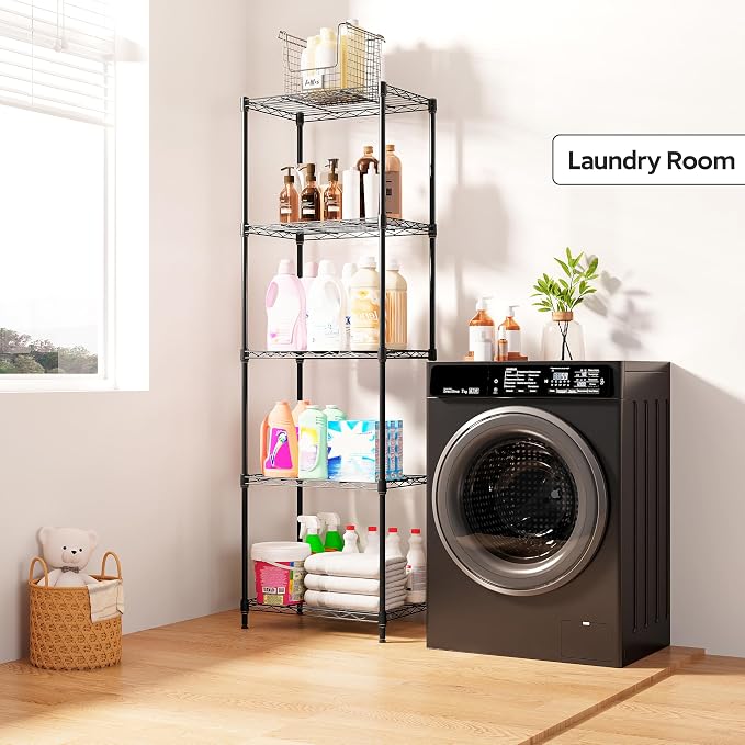 M MZG 5 Tiers Shelf Metal Storage Shelves Wire Rack Closet Organizers with Wheel for Garage Kitchen Bathroom Laundry Black 11.8" D x 17.7" W x 55" H