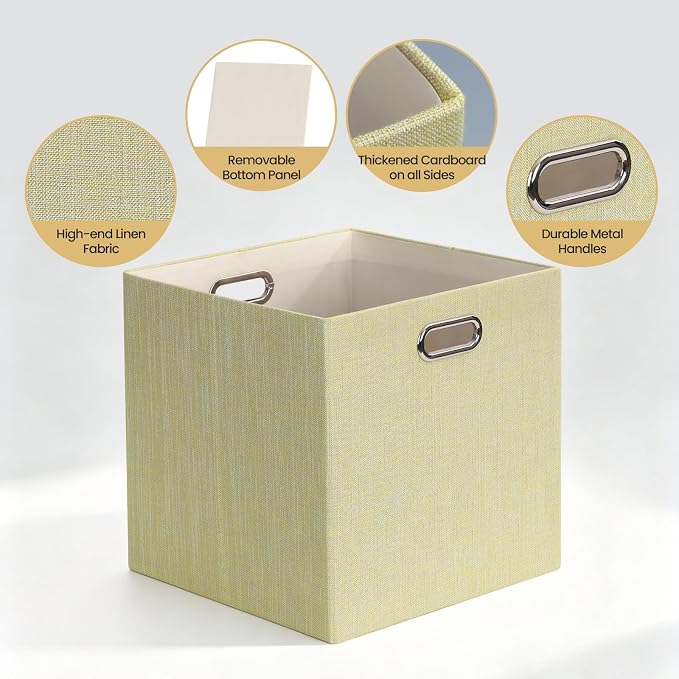 Posprica Storage Cubes, 13 x 13 x 13 Inches Fabric Bins with Double Handles，Cubes Basket Containers, For Shelf Cabinet Bookcase, Closet Organizers for Shelves, Foldable-Set of 4, Yellow/Beige mixed