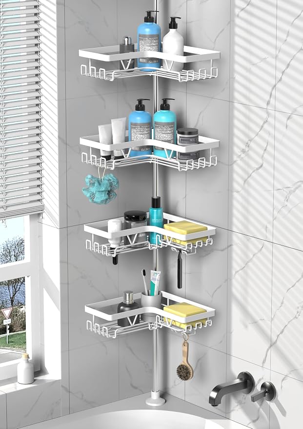 DAOYA Corner Shower Caddy Tension Pole 4 Tier Shower Caddy Organizer White | WIth 28 Hook/2 Soap Dish/ 2 Razor Holder, Rustproof, For Bathtub/Bathroom, Floor to Ceiling 25-114 Inch, Simple Install