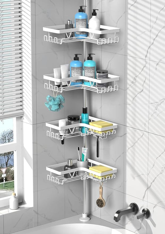 DAOYA Corner Shower Caddy Tension Pole 4 Tier Shower Caddy Organizer White | WIth 28 Hook/2 Soap Dish/ 2 Razor Holder, Rustproof, For Bathtub/Bathroom, Floor to Ceiling 25-114 Inch, Simple Install