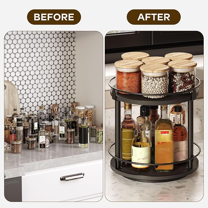 YATINEY Lazy Susan Organizer, Rotating Spice Rack, 2 Tier Spice Turntable Organizer, Industrial Turntable Spice Holder, for Kitchen Countertop and Cabinet, Compact and Versatile, Black SR22BK