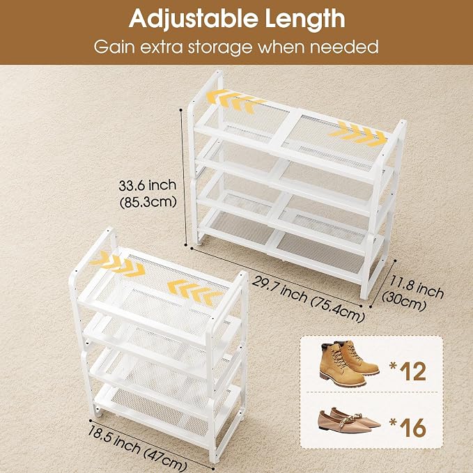 SAYZH Expandable Shoe Rack for Closet, Adjustable Metal Shoe Organizer with Sturdy Mesh Shelves for Boots & Heels, Stackable Shoe Storage for Entryway, Garage, Small Spaces (White, 4-Tier)