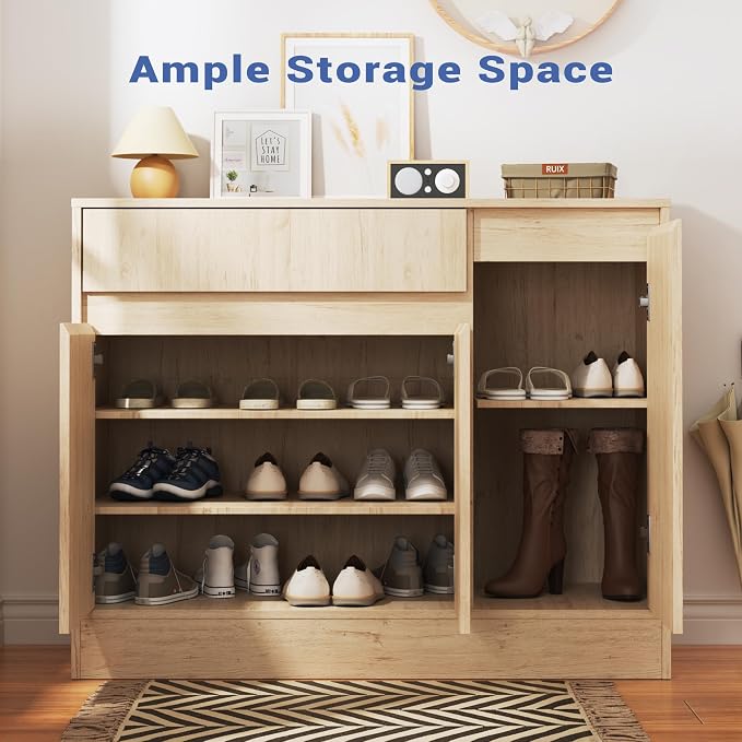 Housoul 39.4" W Shoe Storage Cabinet with 3 Doors & Drawer, Natural | Freestanding Modern Shoe Cabinet with Drawer & Adjustable Shelves, Wooden Shoe Organizer Cabinet for Entryway, Hallway