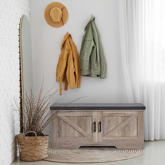 HOMSHO Farmhouse Shoe Storage Bench with 2 Barn Doors & Padded Seat Cushion | 39.4" Wide Entryway Bench with Adjustable Shelves & Hidden Storage, Greige