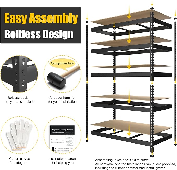 PrimeZone 47"W x 18"D x 72"H Garage Storage Shelves, 5-Tier Metal Shelving | 2250 LBS Capacity, Heavy-Duty Metal Frame, FSC MDF Boards, Boltless Assembly, Adjustable Shelves for Warehouse, Basement 2PCS