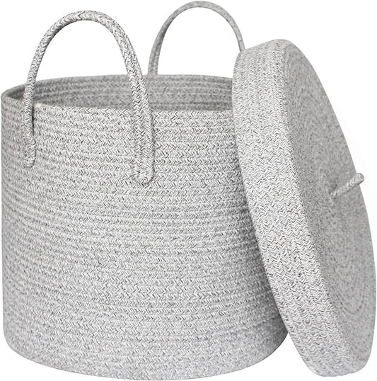 15”x13” Storage Basket with Lid, Blanket Storage for Living Room, Woven Cotton Rope Bin with Cover, Kids Dog Toy Box, Baby Laundry Basket with Lid, Covered Blankets Pillows Holder, Gray
