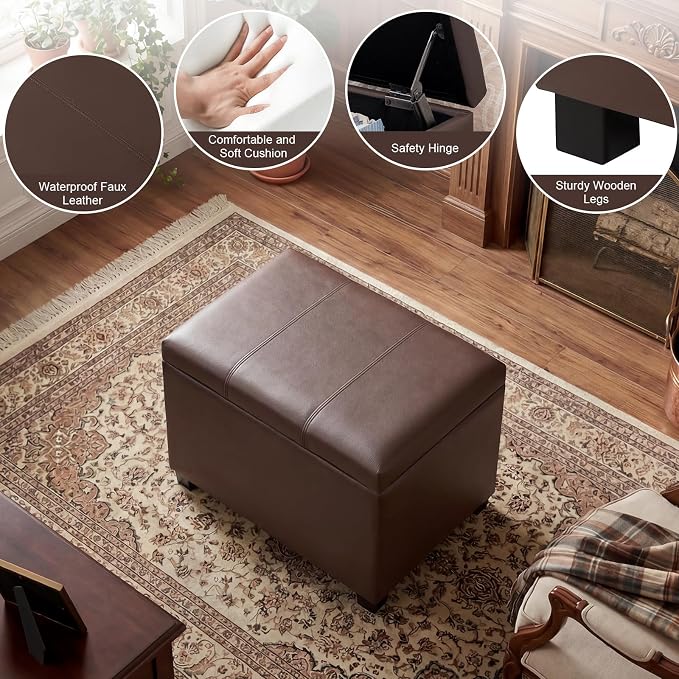 24" Leather Storage Ottoman Bench, Rectangle Foot Rest Stool for Living Room, Bedroom, Entryway, Brown