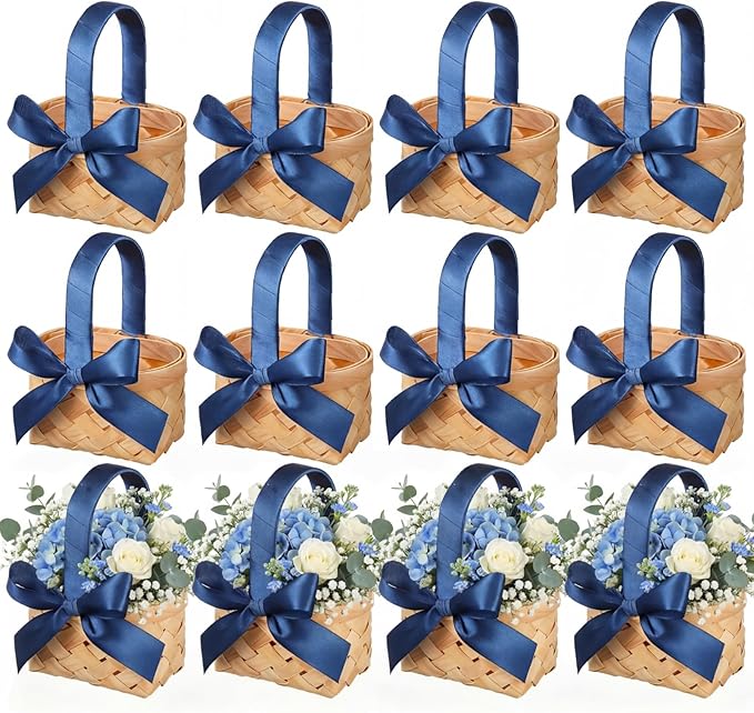 12 Pcs Mini Flower Girl Basket Mini Woven Baskets with Handles Wood Chip Flower Fruit Picnic Holder with Dark Blue Ribbon Chip Bucket for Wedding Party Gifts Baby Shower Birthday Decoration