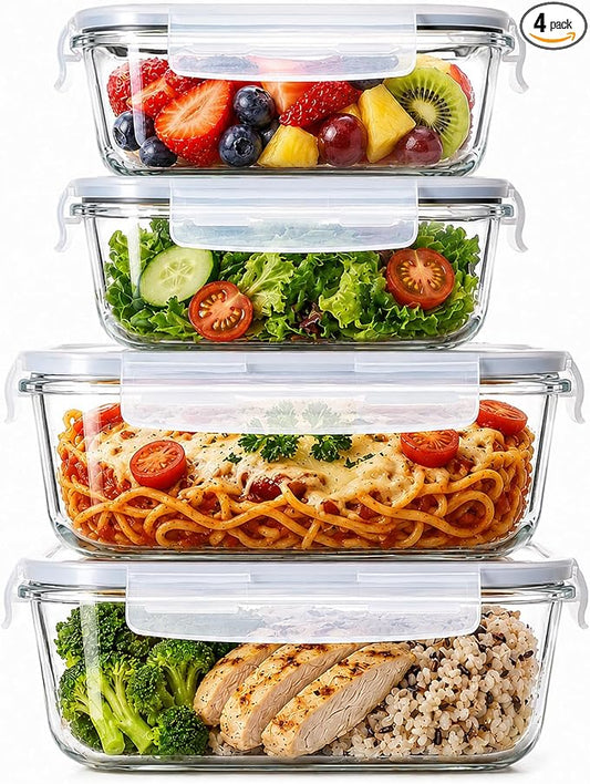 Large Glass Food Storage Containers with Lids, 4 Pack, 63oz & 22oz | Glass Meal Prep Containers for Family Meal, Leftovers, Lunch, Microwave, Oven, Freezer, Dishwasher, Airtight & Leak-Proof