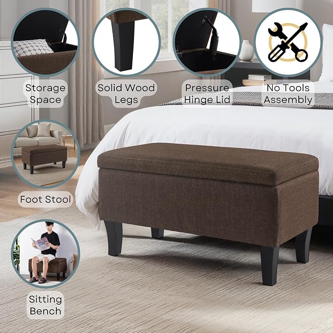 Convenience Concepts Designs4Comfort Winslow Storage Ottoman Bench 32" - Transitional Upholstered Footstool & Seat, for Living Room, Entryway, Hallway, & Bedroom, Medium Brown Fabric