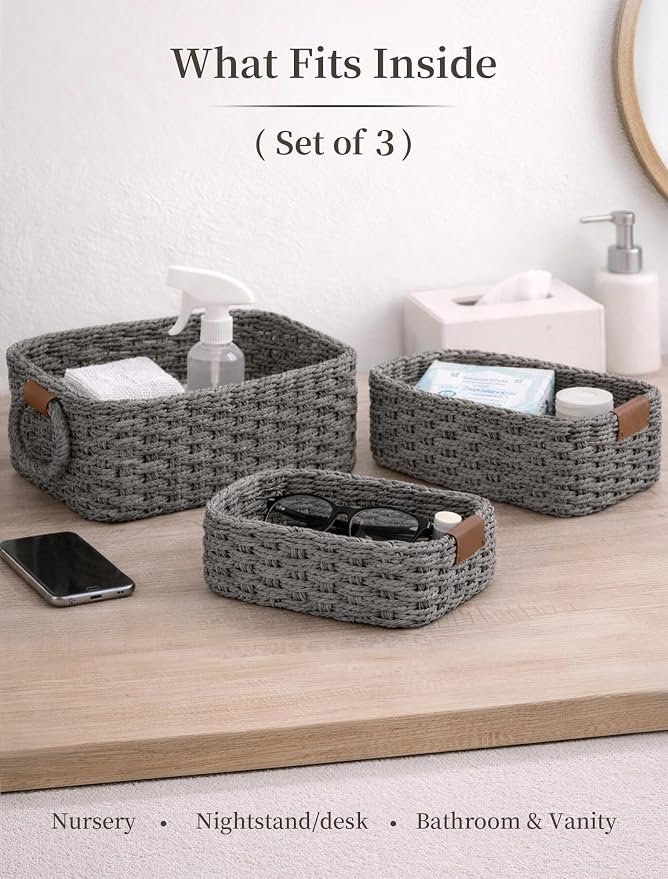 Small Wicker Baskets, 3 PCS Paper Rope Baskets for Shelves, Gray | Recycled Small Baskets, 3 Sizes Woven Baskets for Organizing, Decorative Storage Baskets for Bedroom and Bathroom