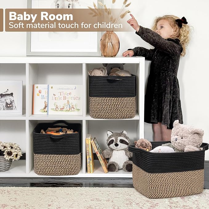 Goodpick Woven Storage Basket for Shelves, 13" x 10" x 9", Black Jute | Stylish Gift Basket for Office & Home, Wicker Baskets for Books, Toys & Towels Storage, Nursery & Bedroom Closet Organization