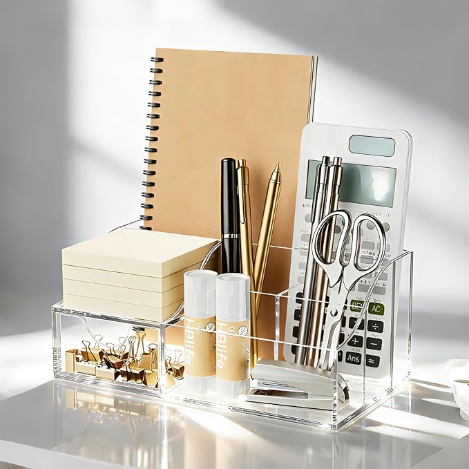 HBlife Acrylic Desk Organizer with Drawer, Pen & Pencil Holder, Multifunctional Desktop Caddy for Office Supply and Organization (Clear)