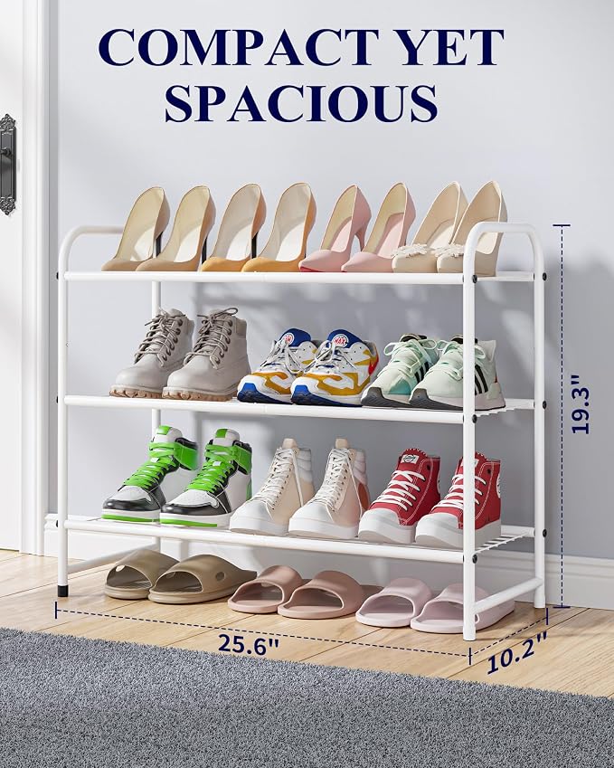 Kitsure Stainless Steel Shoe Rack Organizer, 25.6" Wide - 3 Tier, White | Sturdy Shoe Rack for Closet and Entryway, Free Standing Shoe Shelf, Closet Organizers and Storage