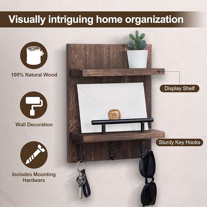 Key Holder Wall Mount, Mail Shelf Decor with 3 Key Hooks, Versatile Wood Wall Organizer for Entryway Hallway (8.2” x 10.6”x 3.6”) (Brown)