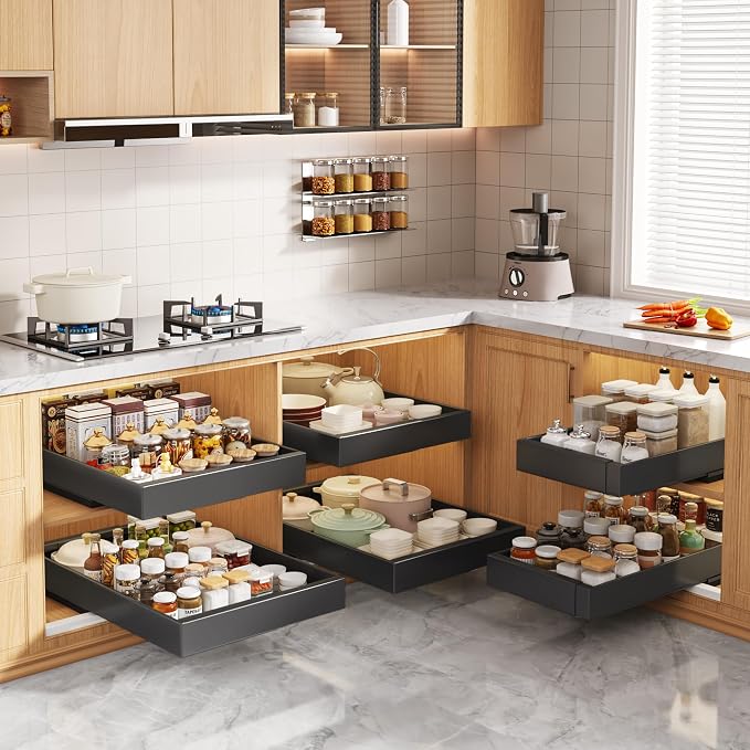 Seinloes 2 Pack Pull Out Cabinet Organizers 21" Deep With Raising Pad for Framed Cabinets, Expandable Width (9"-14") Slide Out Drawers Upgrade 3 Slide Rails, Roll Out Shelves Adhesive, Black