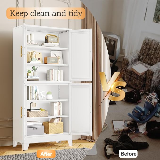 GAIOUS 75.2" Tall Metal Pantry Cabinet, Kitchen Pantry Storage Cabinets with 4 Door and 4 Adjustable Shelves, White Storage Cabinet, Freestanding Cupboard for Kitchen Dining Room Living Room Bathroom