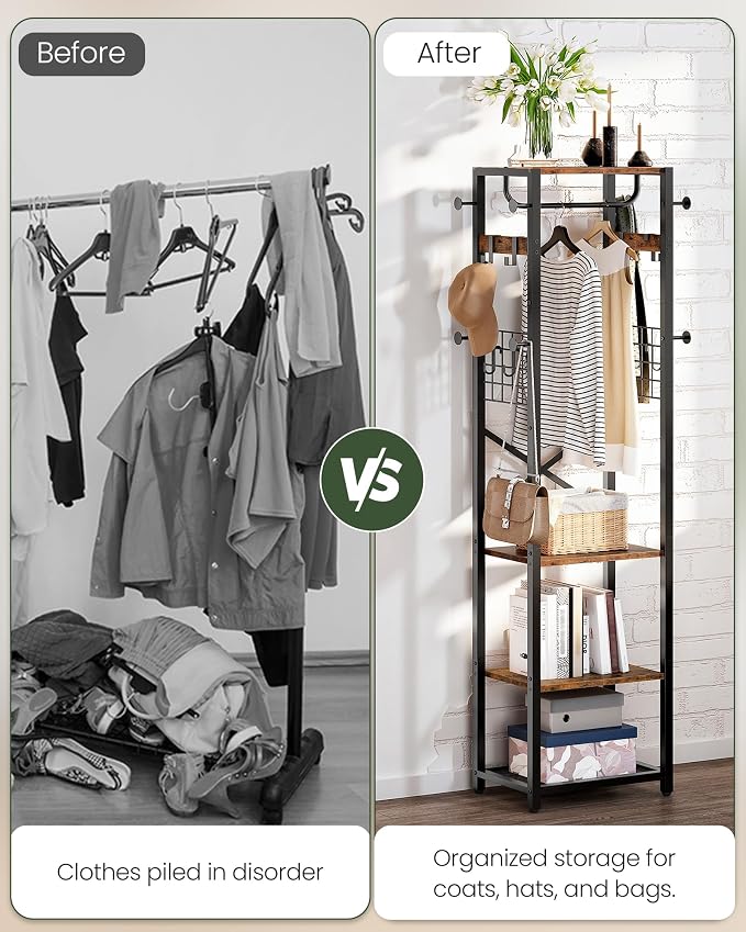 CHOEZON Coat Rack with Shelves, Freestanding Hall Tree, Coat Tree with 16 Hooks and Hanging Rail, Industrial Clothes Stand for Entryway, Hallway, Bedroom, Rustic Brown and Black TYM18BF
